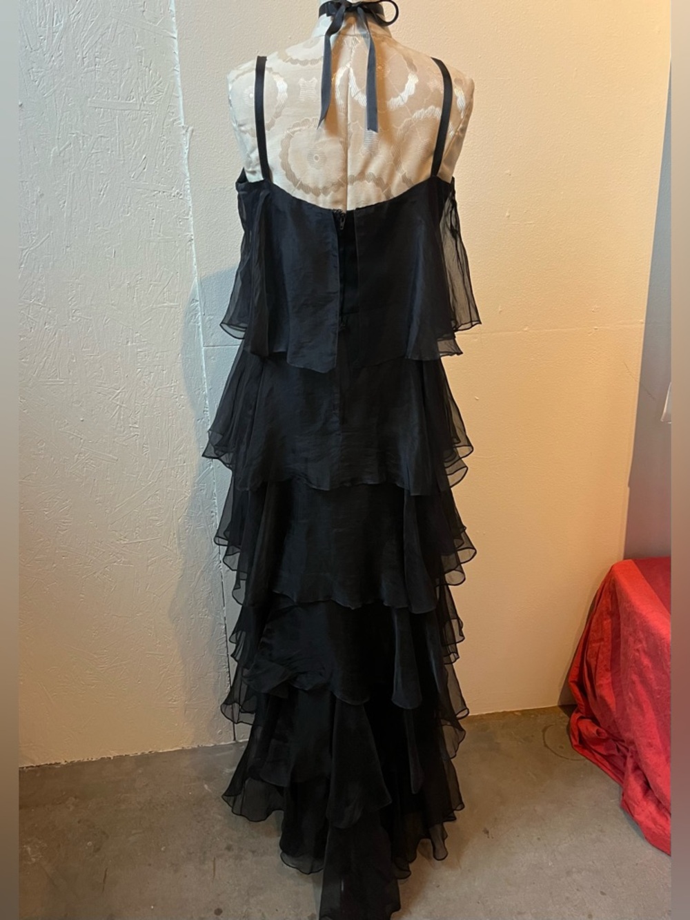 Vintage 1970s Travilla Black Silk Organza Tiered Gown